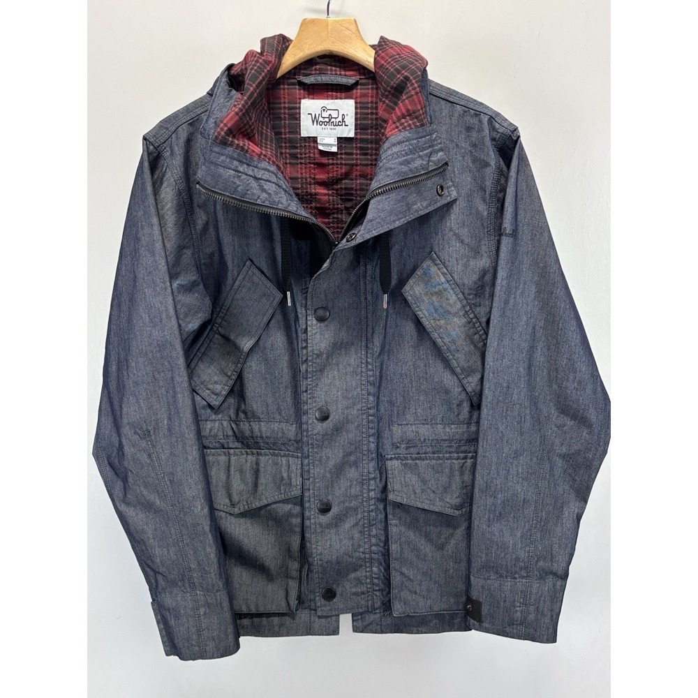 Woolrich High Neck Field Parka Jacket Men's Small Indigo Blue Hood Plaid Lined